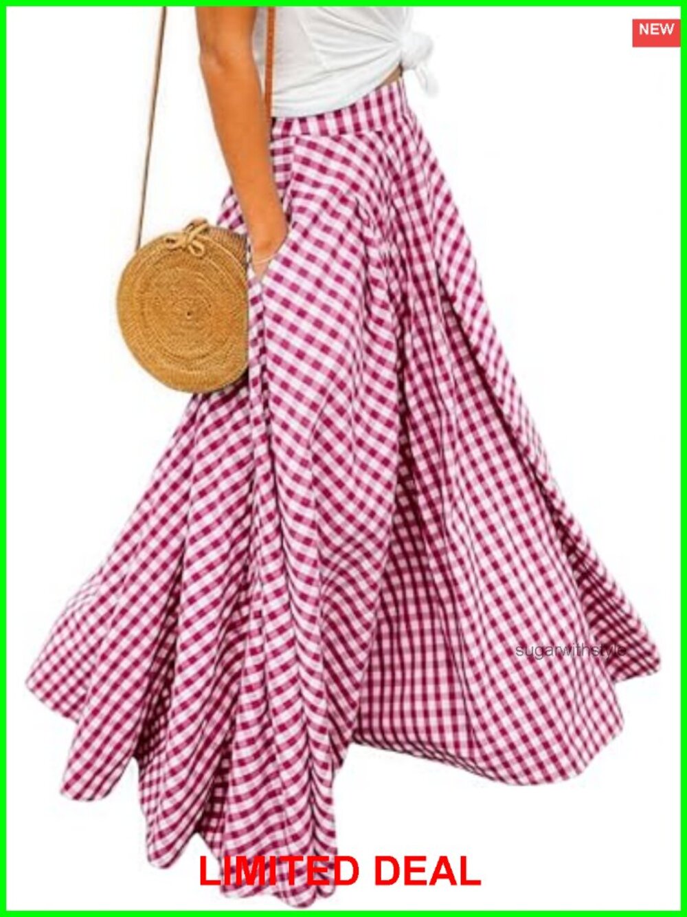 High Waisted Flowy A-Line Maxi Skirt Gingham Ruffled Pleated Casual